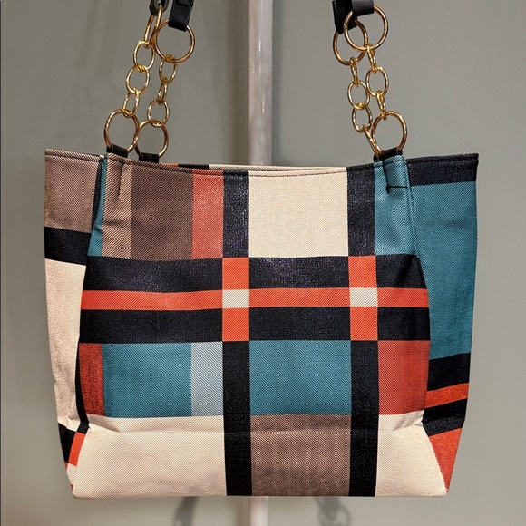 Multicolor Handbags - Plaid Canvas Tote Bag with Gold Chain Handles NWOT